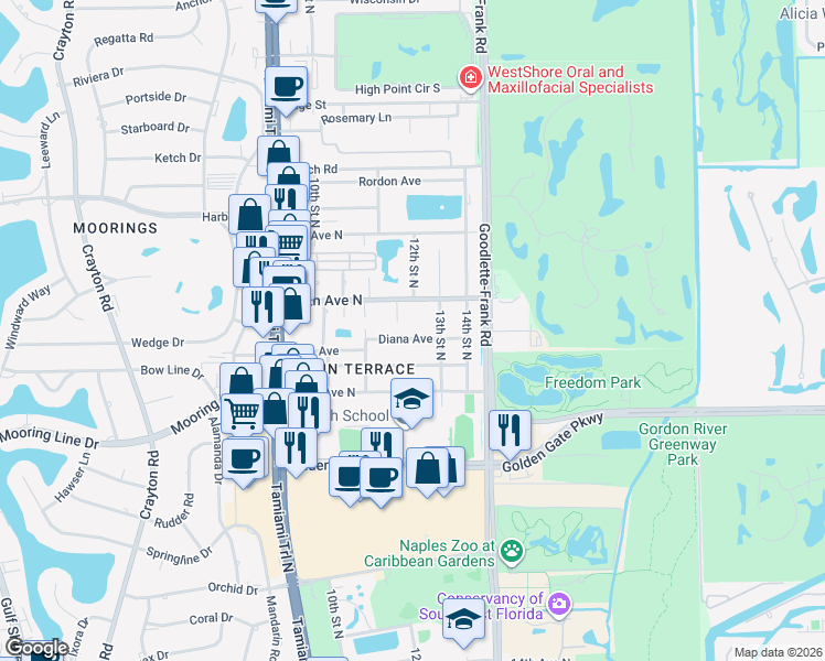 map of restaurants, bars, coffee shops, grocery stores, and more near 1205 Diana Avenue in Naples