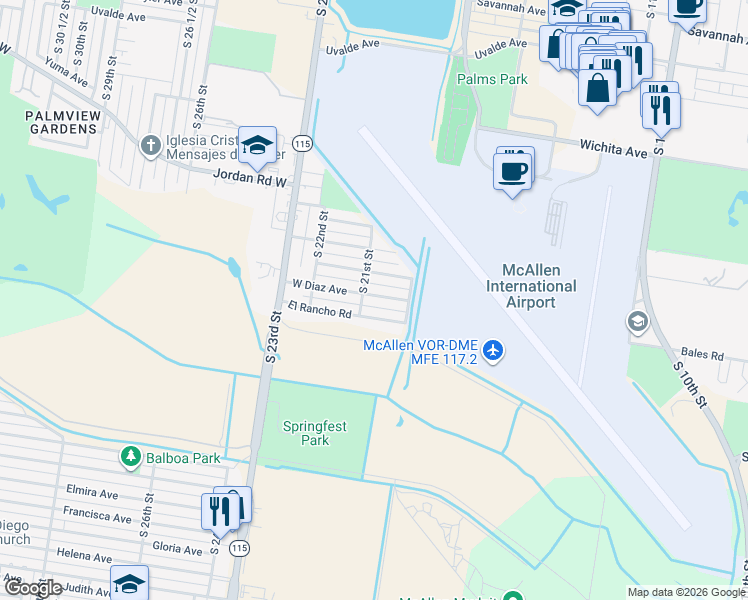 map of restaurants, bars, coffee shops, grocery stores, and more near 2029 Diaz Avenue in McAllen