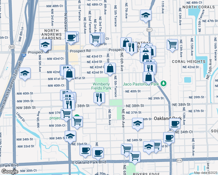 map of restaurants, bars, coffee shops, grocery stores, and more near 501 Northeast 40th Court in Oakland Park