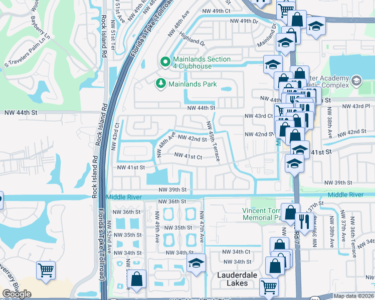 map of restaurants, bars, coffee shops, grocery stores, and more near 4700 Northwest 41st Place in Lauderdale Lakes