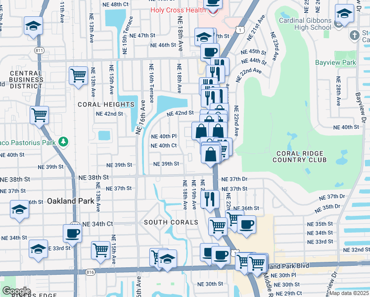 map of restaurants, bars, coffee shops, grocery stores, and more near 3960 Northeast 18th Avenue in Oakland Park