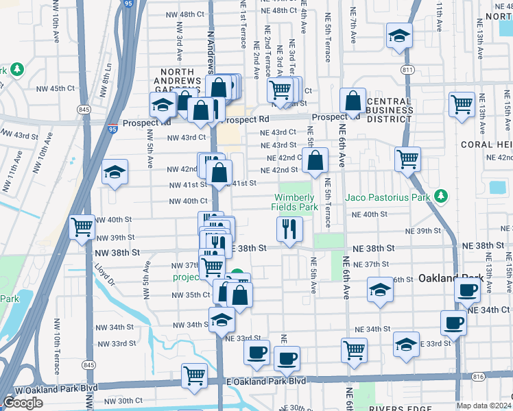 map of restaurants, bars, coffee shops, grocery stores, and more near 261 Northeast 40th Street in Oakland Park