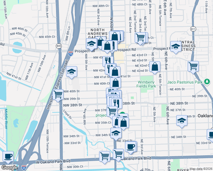 map of restaurants, bars, coffee shops, grocery stores, and more near 146 Northwest 40th Court in Oakland Park