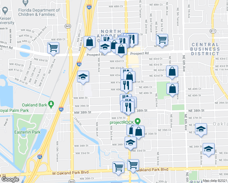 map of restaurants, bars, coffee shops, grocery stores, and more near 146 Northwest 40th Court in Oakland Park