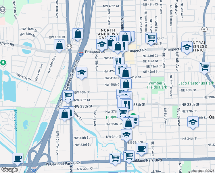 map of restaurants, bars, coffee shops, grocery stores, and more near 364 Northwest 40th Court in Oakland Park