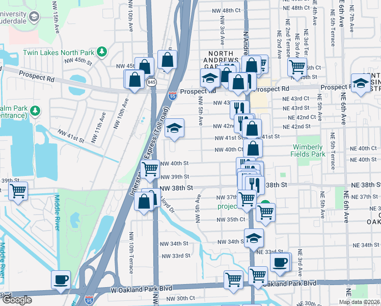 map of restaurants, bars, coffee shops, grocery stores, and more near 4027 Northwest 5th Avenue in Oakland Park