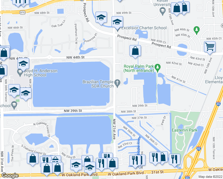 map of restaurants, bars, coffee shops, grocery stores, and more near 111 Lake Emerald Drive in Oakland Park