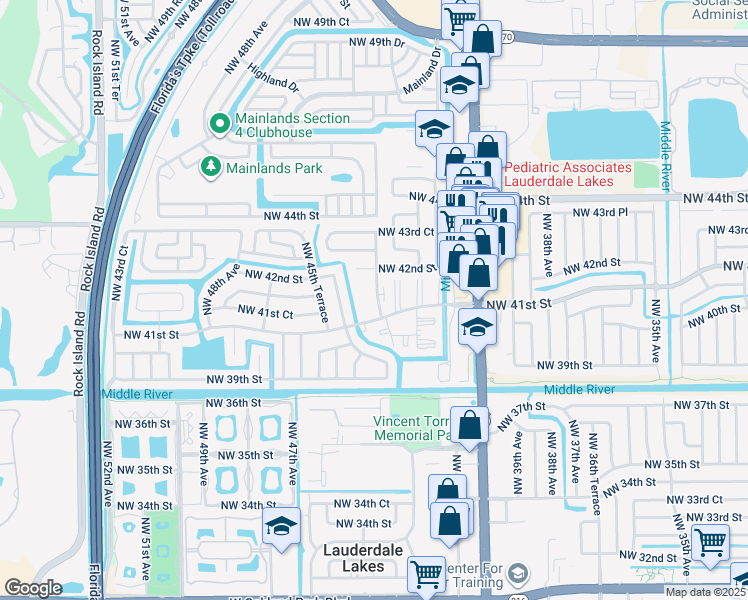 map of restaurants, bars, coffee shops, grocery stores, and more near 4141 Northwest 41st Street in Lauderdale Lakes