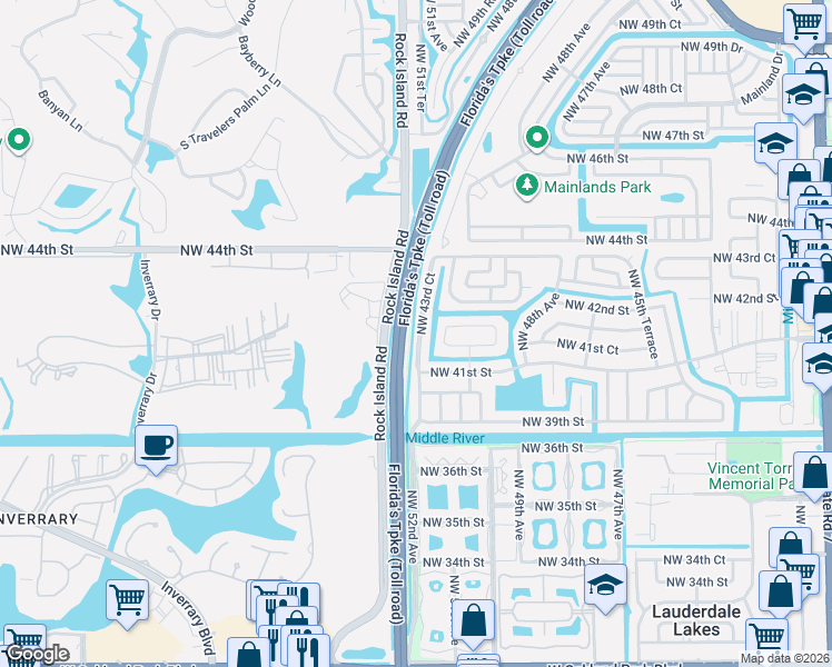 map of restaurants, bars, coffee shops, grocery stores, and more near 4151 Northwest 51st Avenue in Lauderdale Lakes