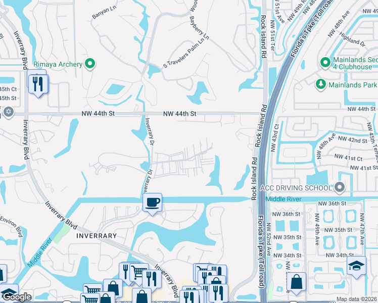 map of restaurants, bars, coffee shops, grocery stores, and more near 4172 Inverrary Drive in Lauderhill