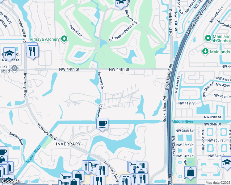 map of restaurants, bars, coffee shops, grocery stores, and more near 4124 Inverrary Drive in Lauderhill