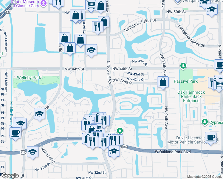 map of restaurants, bars, coffee shops, grocery stores, and more near 9923 Northwest 41st Street in Sunrise