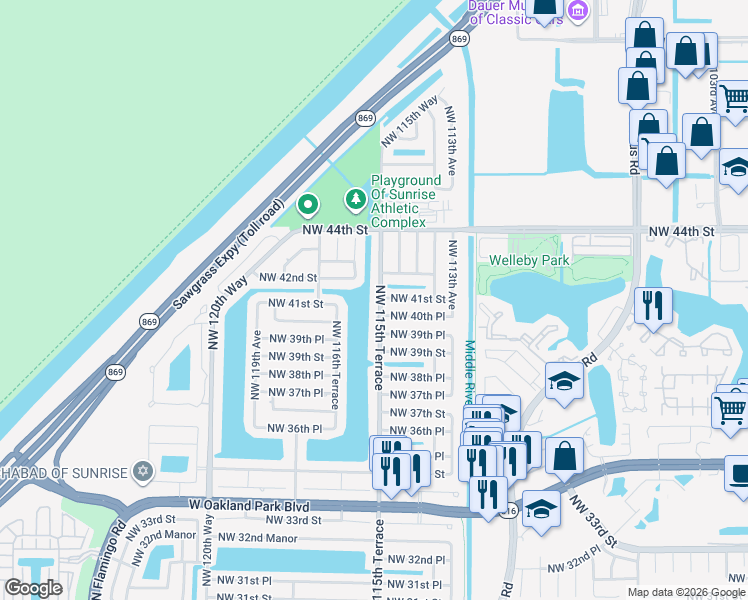 map of restaurants, bars, coffee shops, grocery stores, and more near 4081 Northwest 115th Terrace in Sunrise