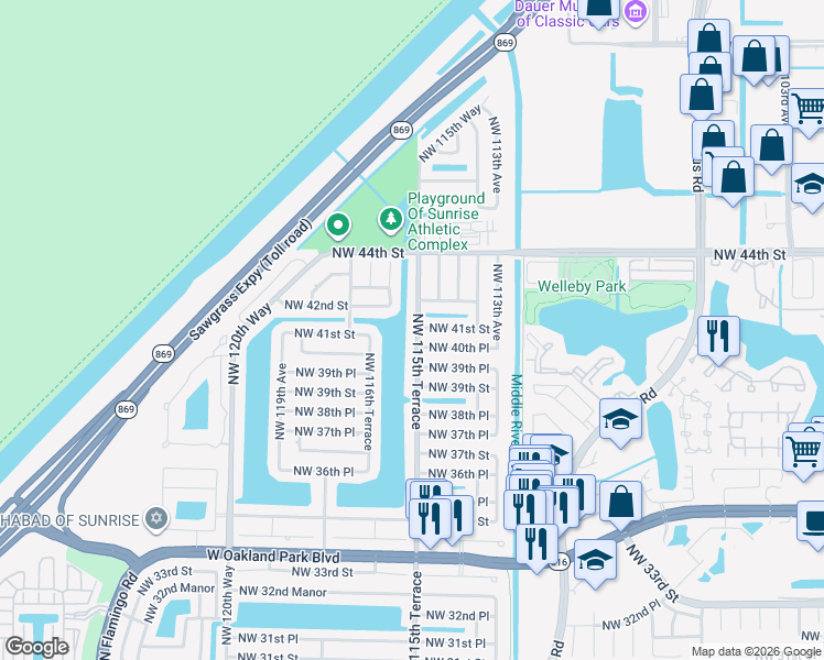 map of restaurants, bars, coffee shops, grocery stores, and more near 4081 Northwest 115th Terrace in Sunrise