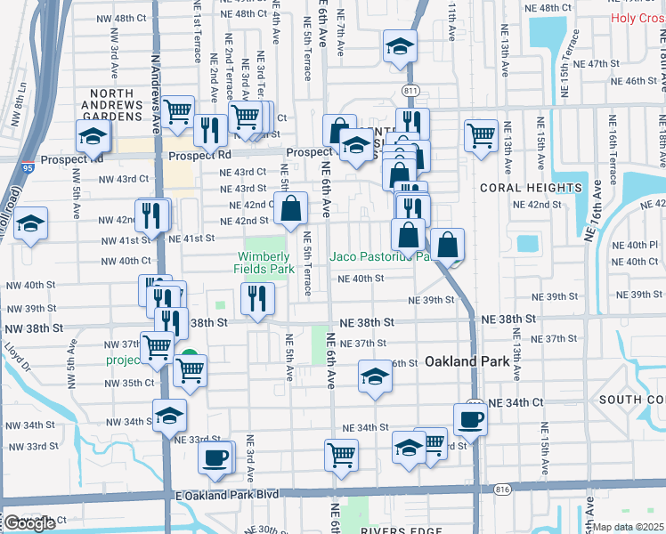 map of restaurants, bars, coffee shops, grocery stores, and more near 4019 Northeast 40th Court in Oakland Park