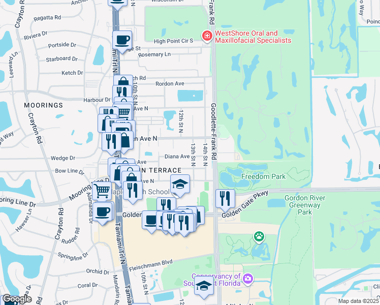 map of restaurants, bars, coffee shops, grocery stores, and more near 2405 13th Street North in Naples