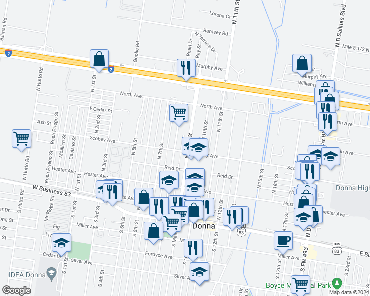 map of restaurants, bars, coffee shops, grocery stores, and more near 403 North Main Street in Donna