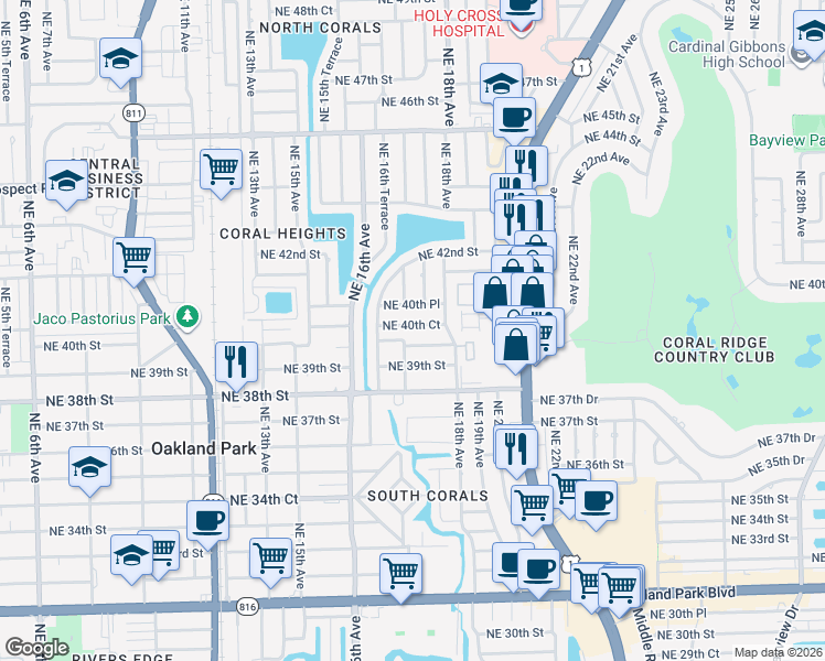 map of restaurants, bars, coffee shops, grocery stores, and more near 1710 Northeast 40th Court in Oakland Park