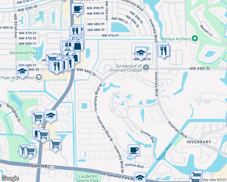 map of restaurants, bars, coffee shops, grocery stores, and more near 7400 Radice Court in Lauderhill