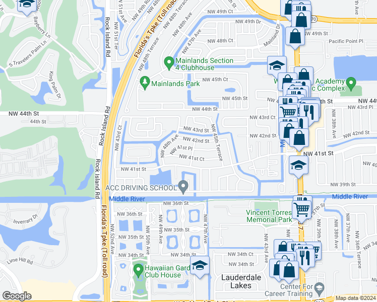 map of restaurants, bars, coffee shops, grocery stores, and more near 4720 Northwest 41st Place in Lauderdale Lakes