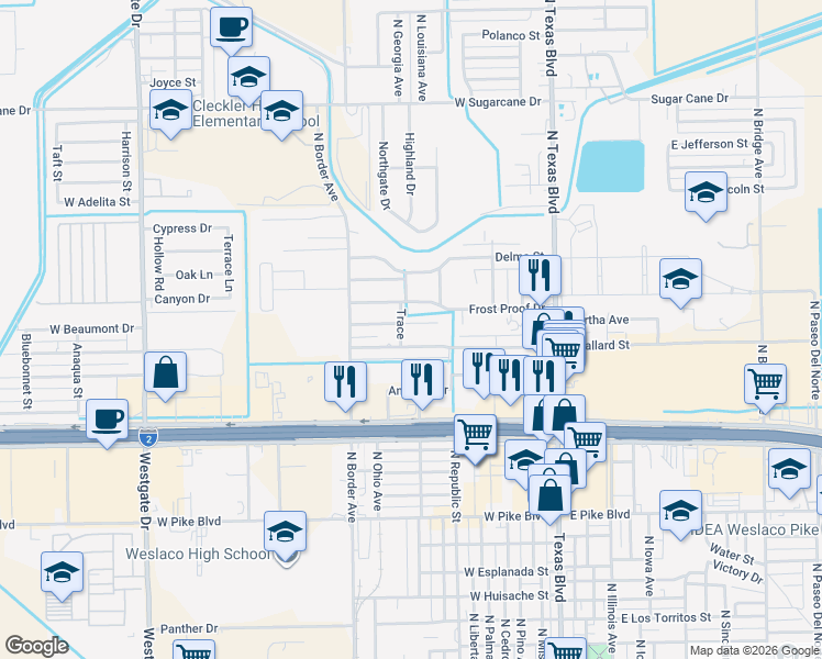 map of restaurants, bars, coffee shops, grocery stores, and more near 609 Hidden Trace in Weslaco