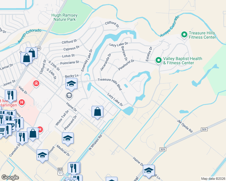 map of restaurants, bars, coffee shops, grocery stores, and more near 2914 Bay Hill Ct in Harlingen