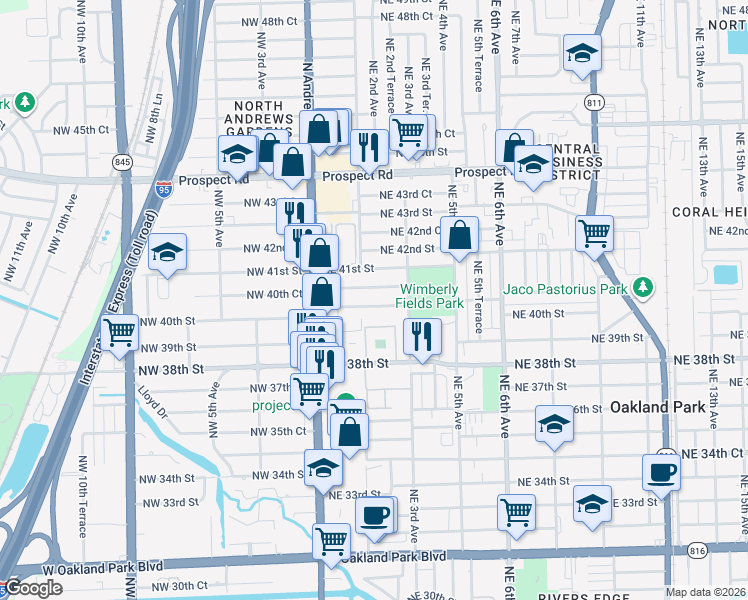 map of restaurants, bars, coffee shops, grocery stores, and more near 261 Northeast 40th Street in Oakland Park