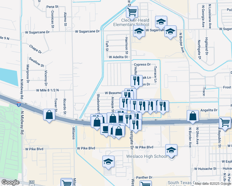 map of restaurants, bars, coffee shops, grocery stores, and more near 1855 West Beaumont Drive in Weslaco
