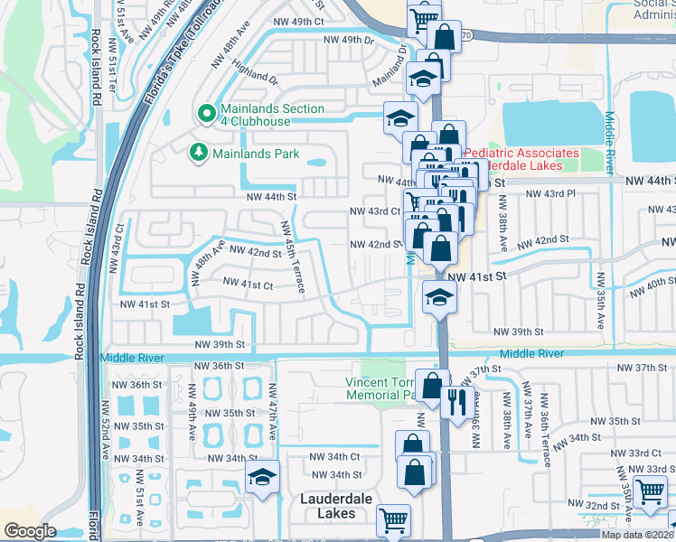 map of restaurants, bars, coffee shops, grocery stores, and more near 4141 Northwest 41st Street in Lauderdale Lakes