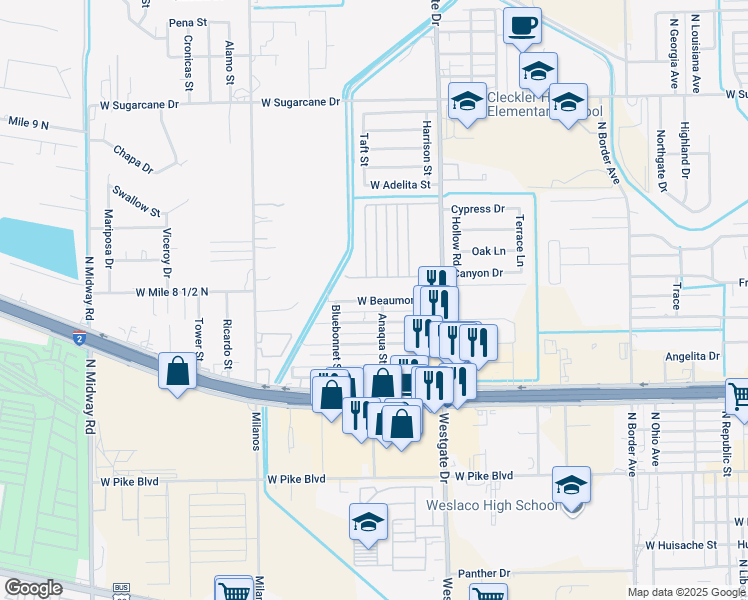 map of restaurants, bars, coffee shops, grocery stores, and more near 1920 West Beaumont Drive in Weslaco