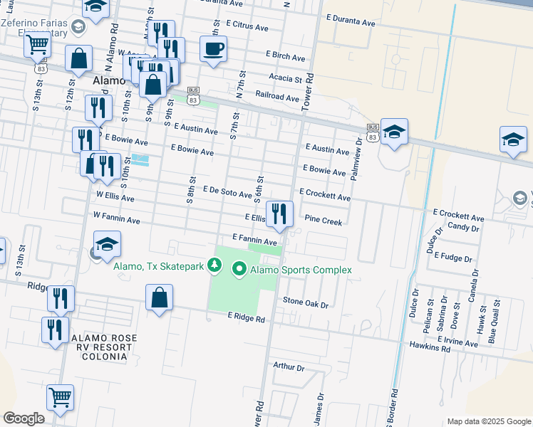 map of restaurants, bars, coffee shops, grocery stores, and more near 530 Ellis Avenue in Alamo