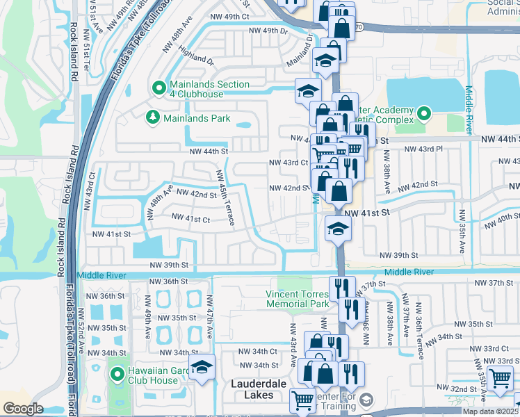 map of restaurants, bars, coffee shops, grocery stores, and more near 4141 Northwest 41st Street in Lauderdale Lakes