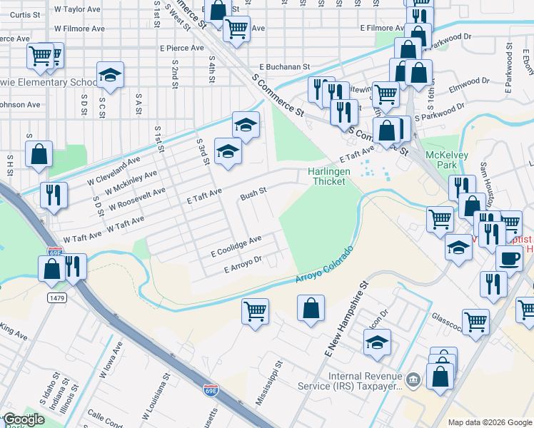 map of restaurants, bars, coffee shops, grocery stores, and more near 1714 Reagan Street in Harlingen