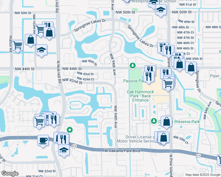 map of restaurants, bars, coffee shops, grocery stores, and more near 9465 Northwest 42nd Street in Sunrise