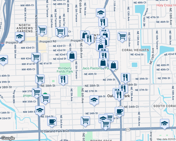 map of restaurants, bars, coffee shops, grocery stores, and more near 698 Northeast 40th Court in Oakland Park
