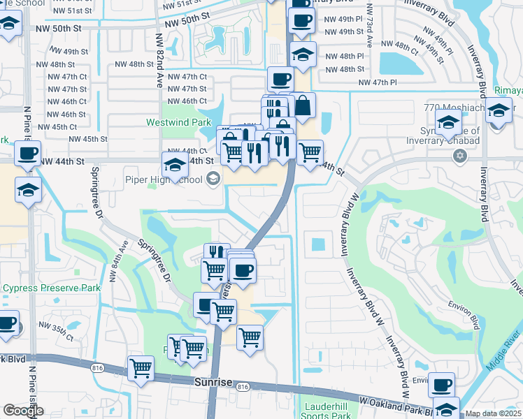 map of restaurants, bars, coffee shops, grocery stores, and more near 4255 North University Drive in Sunrise