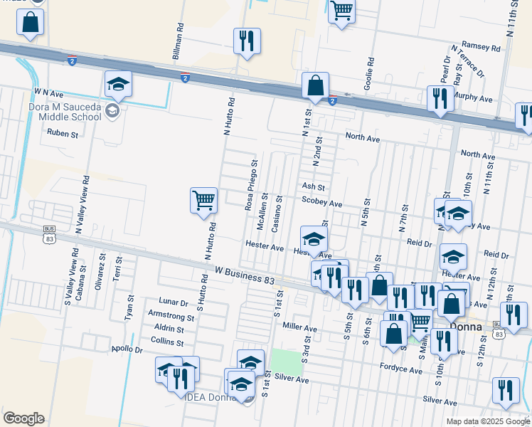 map of restaurants, bars, coffee shops, grocery stores, and more near 306 North 2nd Street in Donna