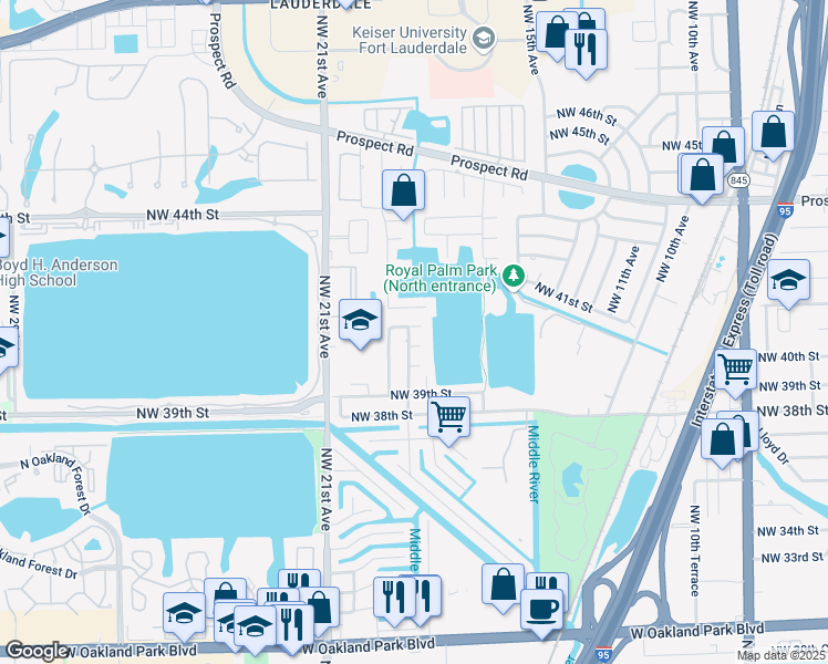 map of restaurants, bars, coffee shops, grocery stores, and more near 1798 Northwest 40th Street in Oakland Park