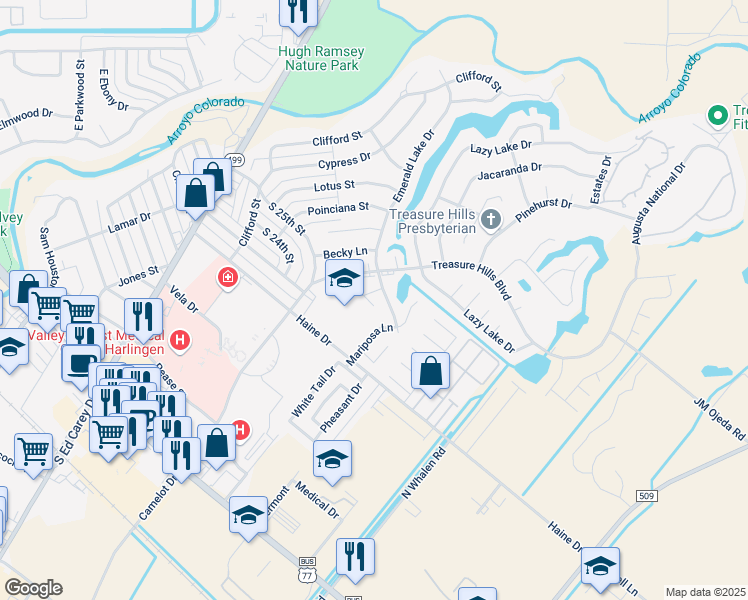 map of restaurants, bars, coffee shops, grocery stores, and more near 2814 Quail Run Street in Harlingen