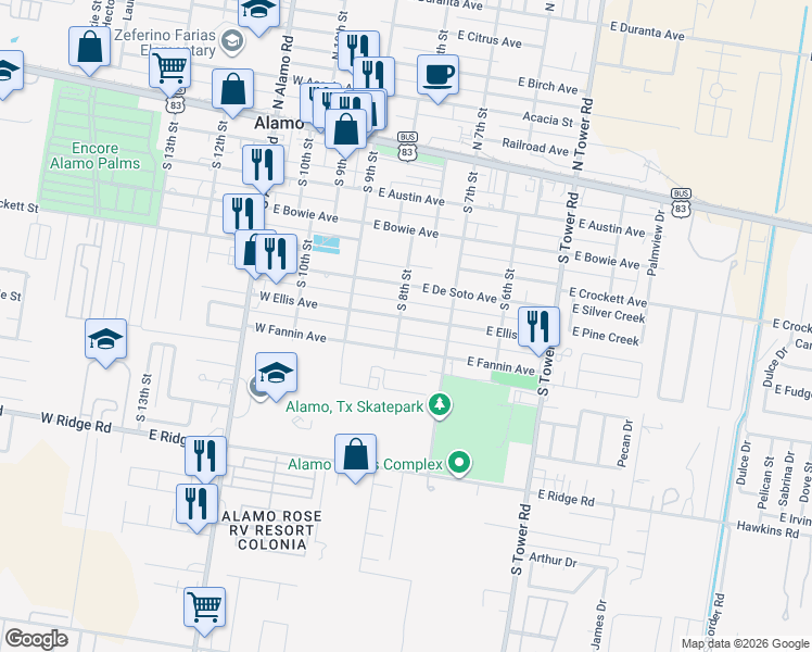 map of restaurants, bars, coffee shops, grocery stores, and more near 743 Ellis Avenue in Alamo