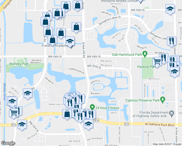 map of restaurants, bars, coffee shops, grocery stores, and more near 9923 Northwest 41st Street in Sunrise