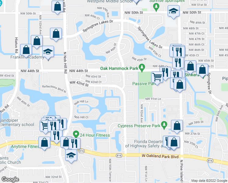 map of restaurants, bars, coffee shops, grocery stores, and more near 9465 Northwest 42nd Street in Sunrise