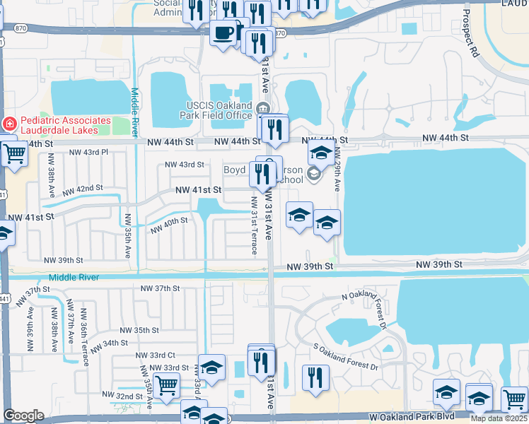 map of restaurants, bars, coffee shops, grocery stores, and more near 4021 Northwest 30th Terrace in Lauderdale Lakes
