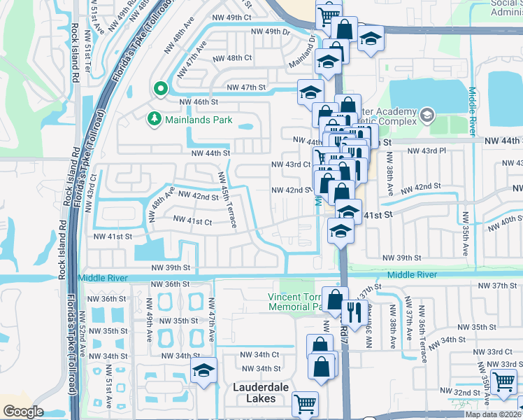 map of restaurants, bars, coffee shops, grocery stores, and more near 4141 Northwest 41st Street in Lauderdale Lakes