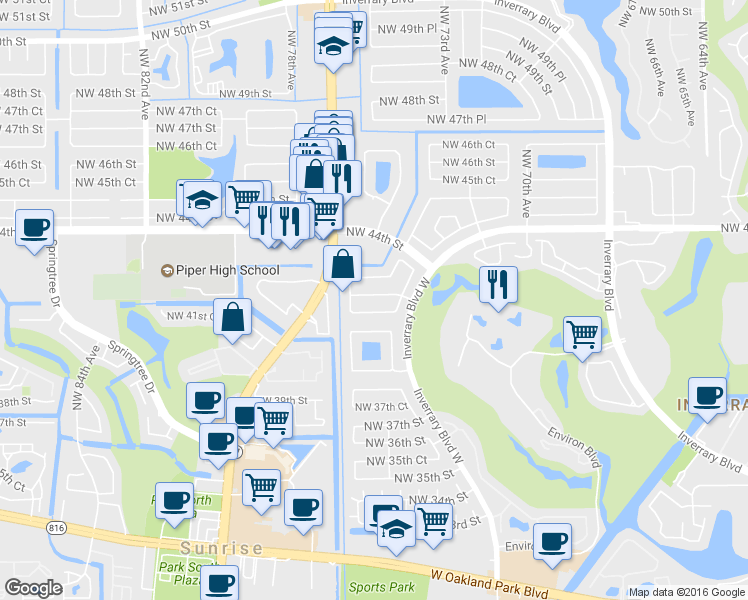 map of restaurants, bars, coffee shops, grocery stores, and more near 7450 Northwest 42nd Street in Lauderhill
