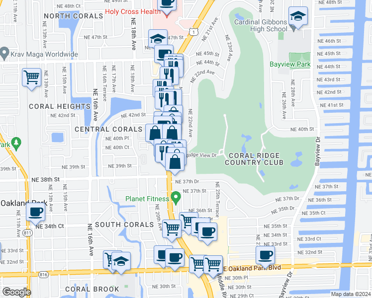 map of restaurants, bars, coffee shops, grocery stores, and more near 2110 Northeast 39th Street in Fort Lauderdale