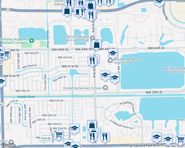 map of restaurants, bars, coffee shops, grocery stores, and more near 4021 Northwest 30th Terrace in Lauderdale Lakes