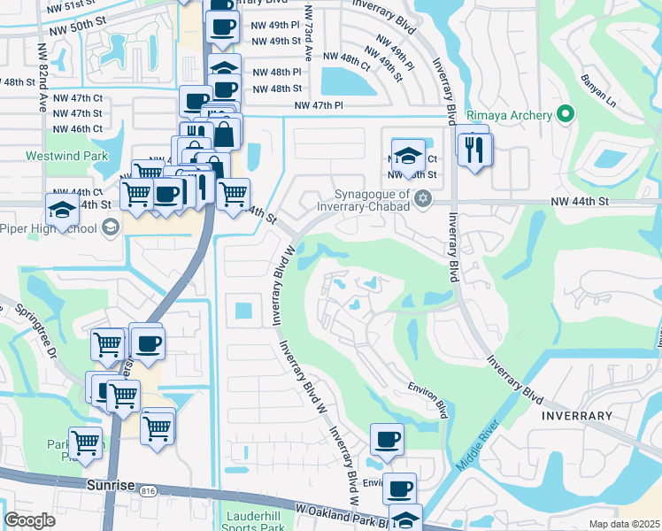map of restaurants, bars, coffee shops, grocery stores, and more near 7400 Radice Court in Lauderhill