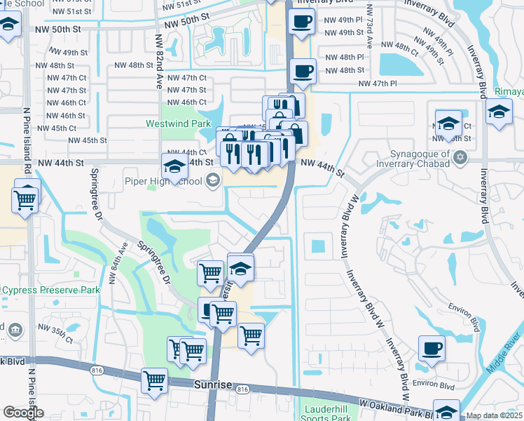 map of restaurants, bars, coffee shops, grocery stores, and more near 4255 North University Drive in Sunrise