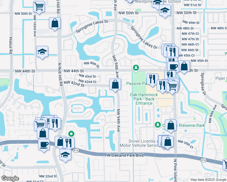 map of restaurants, bars, coffee shops, grocery stores, and more near 9465 Northwest 42nd Street in Sunrise